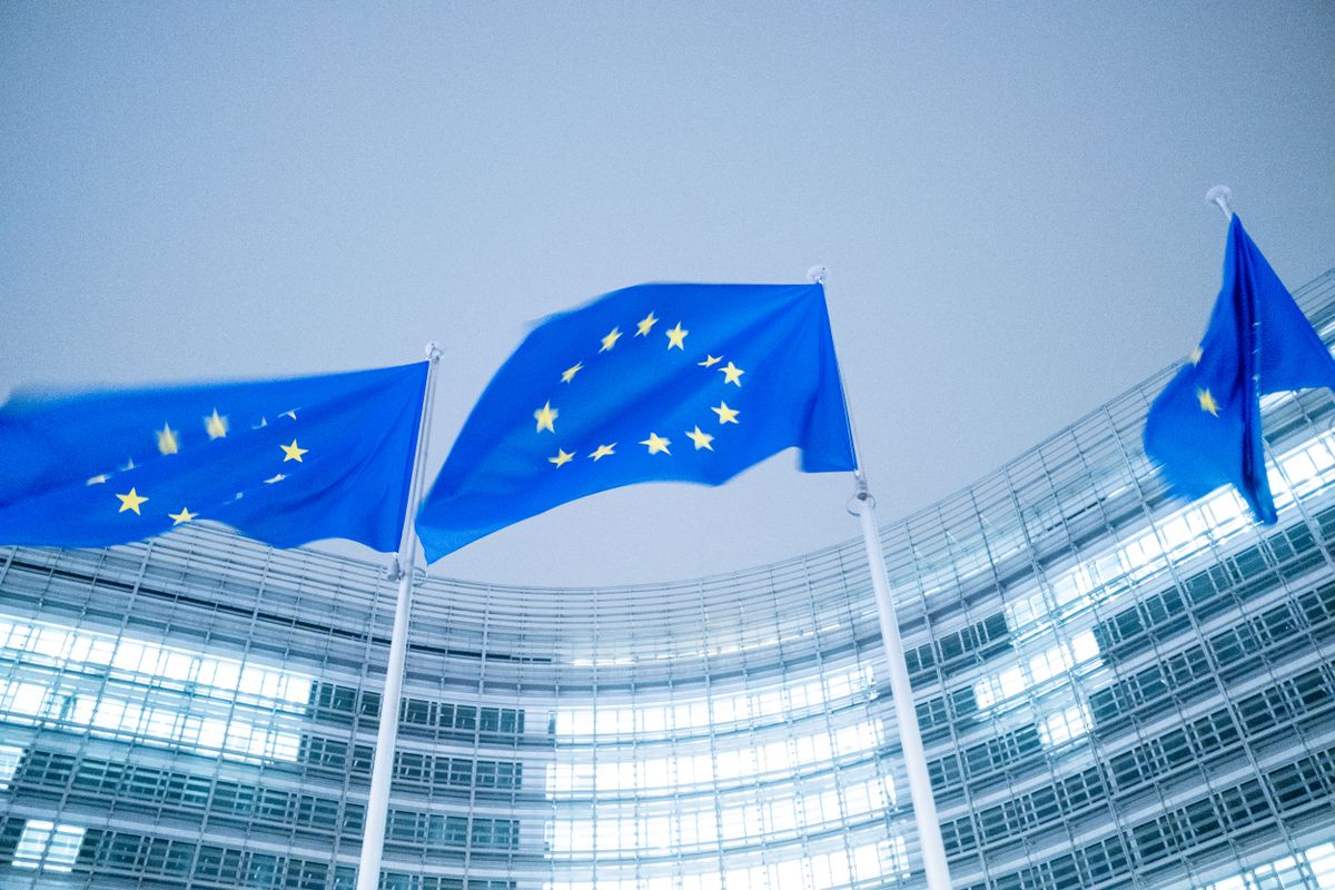 Building with flag during the press conference by President URSULA VON DER LEYEN and Vice-President for Prosperity and Industrial Strategy and for Industry and SME and the Single Market Stephane Sejourne on the EU Competitiveness Compass in the Berlaymont the headquarters of the European Commission an institution of the European Union in Brussels in Belgium on 29th of January 2025. The Commission presents the competitiveness compass for Europe to become the place where clean technologies ad services and products are invented and while being the first continent to become climate neutral in based on the Draghi report. (Photo by Martin Bertrand / Hans Lucas via AFP)