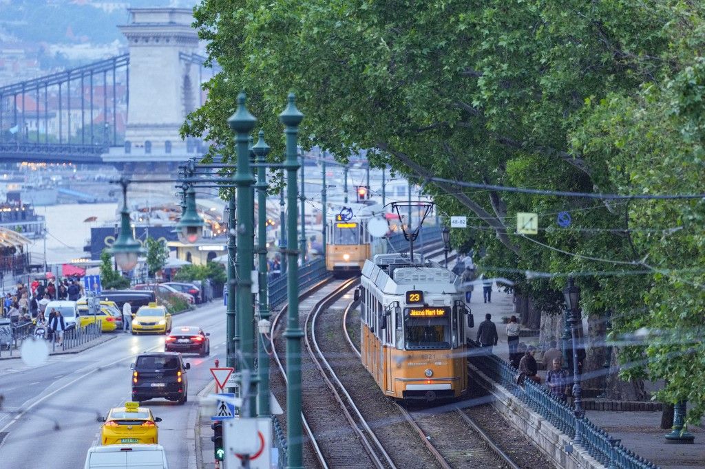 BUDAPEST, HUNGARY - MAY 20: A view of trams as daily life continues in Budapest, Hungary on May 20, 2025. Cemal Yurttas / Anadolu (Photo by Cemal Yurttas / Anadolu via AFP)