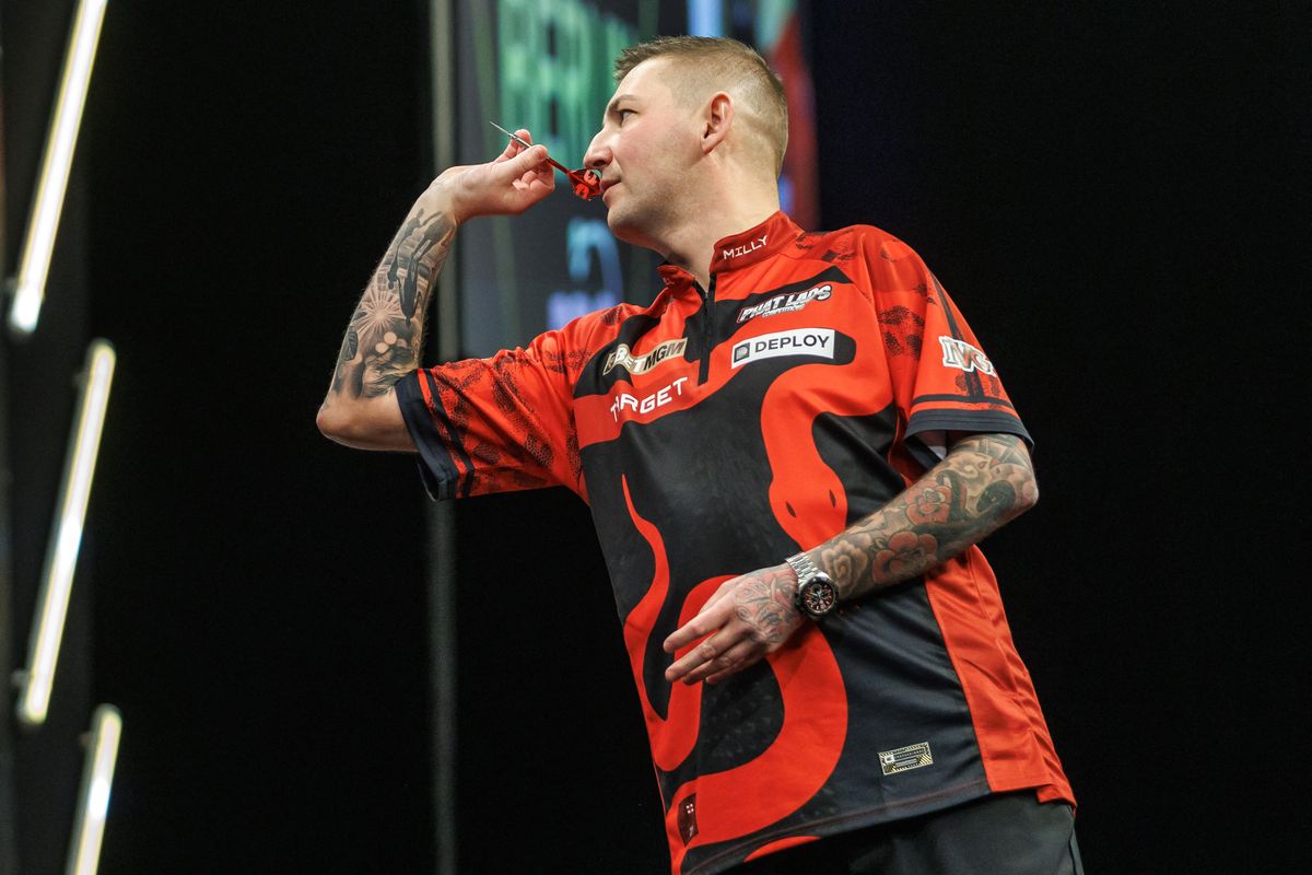 03 April 2025, Berlin: Darts: Premier League, Matchday in Berlin, Quarterfinals, Aspinall (England) - Bunting (England), Uber Arena. Nathan Aspinall in action. Photo: Andreas Gora/dpa (Photo by Andreas Gora / dpa Picture-Alliance via AFP)