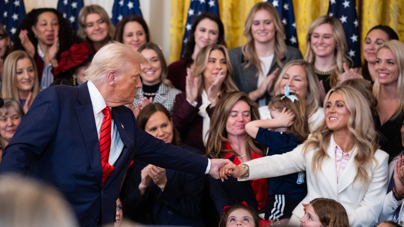 President Donald Trump greets advocate and former collegiate swimmer Riley Gaines during a signing ceremony for an executive order banning transgender women from women's sports in the East Room of the White House in Washington, D.C. on Feb. 5, 2025. (Fran