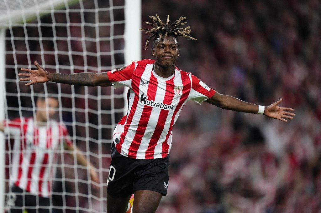 Athletic Bilbao, Barcelona, Nico Williams left winger of Athletic Club and Spain celebrates after scoring his sides first goal during the UEFA Europa League 2024/25 Quarter Final Second Leg match between Athletic Club and Rangers FC at Estadio de San Mames on April 17, 2025 in Bilbao, Spain. (Photo by Jose Breton/Pics Action/NurPhoto) (Photo by Jose Breton / NurPhoto via AFP)