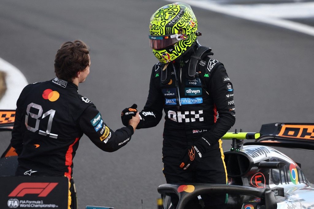 Oscar Piastri, Lando Norris, McLaren after the Formula 1 British Grand Prix at Silverstone Circuit in Northampton, Great Britain on July 6, 2025. (Photo by Jakub Porzycki/NurPhoto) (Photo by Jakub Porzycki / NurPhoto via AFP)