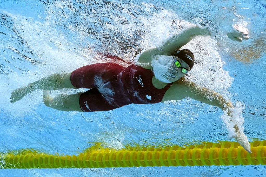 úszás, vb, úszó vb, vizes vb, világbajnokság, Penny Oleksiak, Milák Kristóf, Canada's Penny Oleksiak competes in a heat for the women's 200m freestyle event during the Budapest 2022 World Aquatics Championships at Duna Arena in Budapest on June 20, 2022. (Photo by François-Xavier MARIT / AFP)