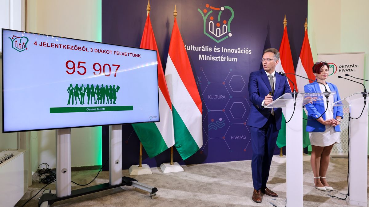 Budapest, 2025. július 24.
Hankó Balázs kultúráért és innovációért felelős miniszter és Vanó Renáta, az Oktatási Hivatal (OH) felsőoktatásért felelős elnökhelyettese a felsőoktatási felvételi ponthatárok kihirdetéséről tartott sajtótájékoztatón a Kulturális és Innovációs Minisztériumban 2025. július 24-én. Az elmúlt másfél évtized legsikeresebb felvételije a mostani, összesen 95 907 jelentkező került be a felsőoktatásba.
MTI/Hegedüs Róbert