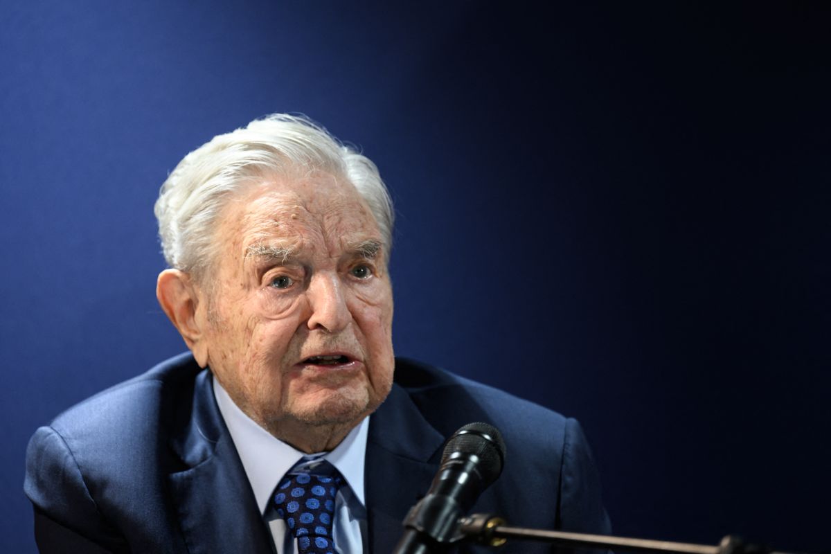 Hungarian-born US investor and philanthropist George Soros answers to questions after delivering a speech on the sidelines of the World Economic Forum (WEF) annual meeting in Davos on May 24, 2022. (Photo by Fabrice COFFRINI / AFP)