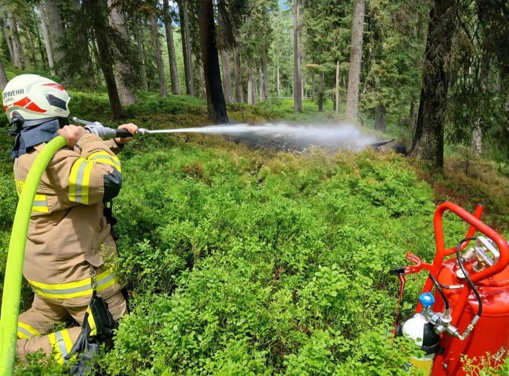 This handout picture taken on Juli 5, 2025 and released by the District Administration of Zell am See shows fire department officers as they work to extinguish the forest fire caused by the crash of a light aircraft near Wald im Pinzgau, north-western Austria. (Photo by Bernhard Gratz / various sources / AFP) / RESTRICTED TO EDITORIAL USE - MANDATORY CREDIT "AFP PHOTO / SOURCE / BYLINE" - HANDOUT - NO MARKETING NO ADVERTISING CAMPAIGNS - DISTRIBUTED AS A SERVICE TO CLIENTS