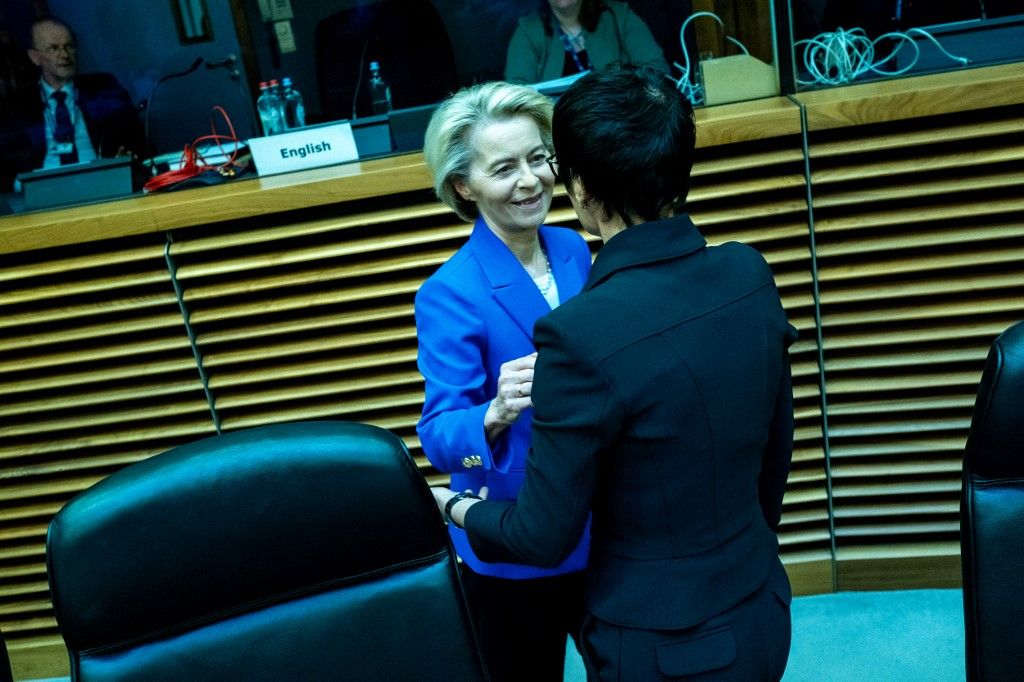 President of the European Commission URSULA VON DER LEYEN and European Commissioner for Neighbourhood and Enlargement Marta Kos at the meeting of the College of the European Commissioners in the Berlaymont the headquarters of the European Commission an institution of the European Union in Brussels in Belgium on 9th of April 2025. (Photo by Martin Bertrand / Hans Lucas via AFP)