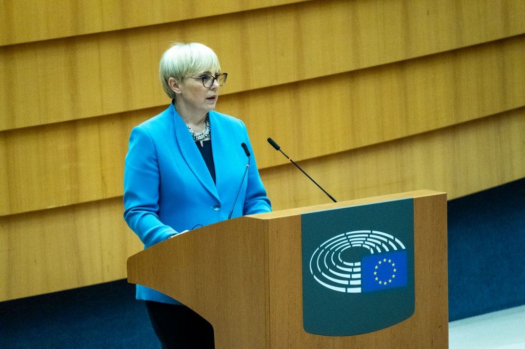 President of the Slovenia Natasa Pirc Musar during the plenary session of the European Parliament an institution of the European Union in Brussels in Belgium on 21th of May 2025. (Photo by Martin Bertrand / Hans Lucas via AFP)