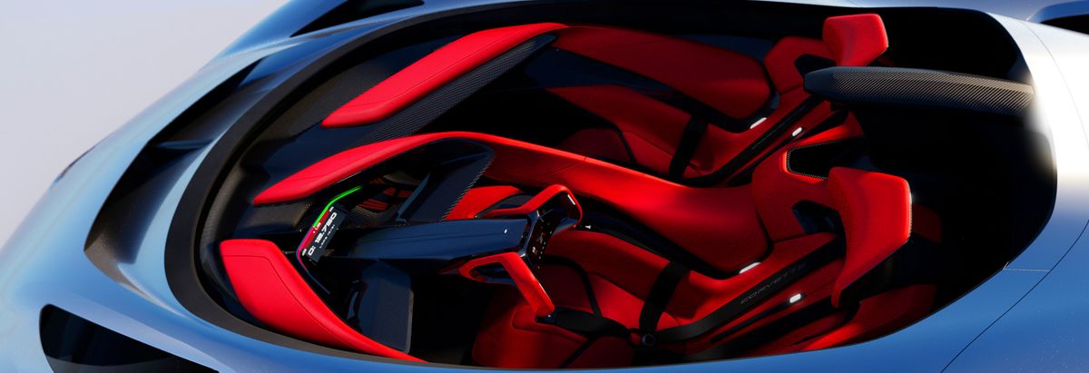 The front-hinged cockpit canopy can be removed, turning the Advanced Design California Corvette concept from a road-going sports car to an open-air track car.