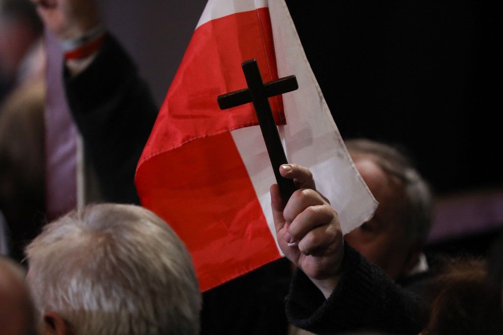 In Krakow, Poland, on November 24, 2024, the Law and Justice Party holds a convention with chairman Jaroslaw Kaczynski at 'Sokol'. During the convention, the Law and Justice Party presents their supported independent candidate in the presidential election. The candidate is Polish historian and president of the Institute of National Remembrance, Karol Nawrocki, who will run for president in May 2025. (Photo by Klaudia Radecka/NurPhoto) (Photo by Klaudia Radecka / NurPhoto via AFP)