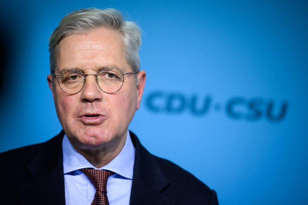 24 January 2025, Berlin: Norbert Röttgen (CDU), Chairman of the Enquete Commission, speaks at the presentation of the final report of the parliamentary group Enquete "Peace and Security in Europe" of the CDU/CSU parliamentary group in the German Bundestag. The commission, made up of members of the parliamentary group and external experts, drew up proposals and recommendations for action on foreign and security policy for the CDU/CSU parliamentary group. Photo: Bernd von Jutrczenka/dpa (Photo by BERND VON JUTRCZENKA / dpa Picture-Alliance via AFP)