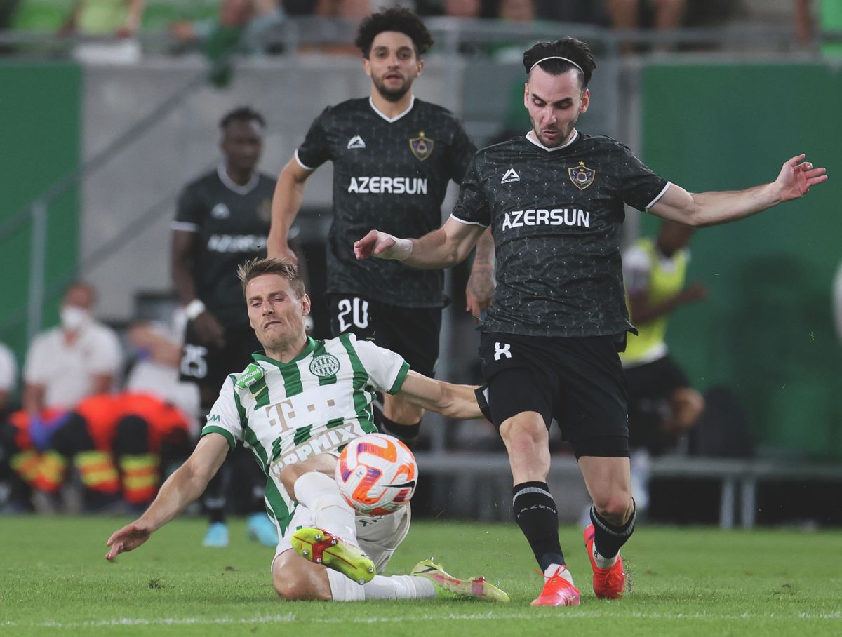 20220809 Budapest  
Ferencvárosi TC FTC-QARABAG FK labdarúgó mérkőzés, BL selejtező
Fotó: Mirkó István (MI) 
Magyar Nemzet
képen: Kristoffer Zachariassen (16) Marko Janković (8)