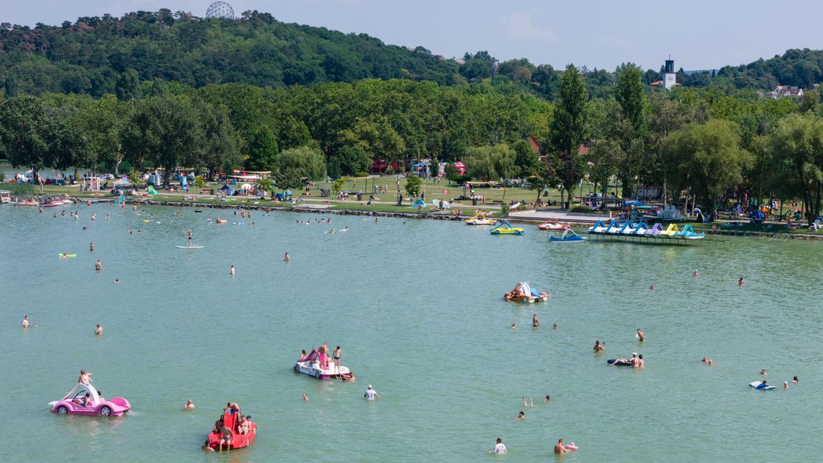 belföldi turizmus, Balatonboglár, 2024. július 12.A drónnal készült felvételen fürdőzők a balatonboglári Platán strandon 2024. július 12-én.MTI/Vasvári Tamás
