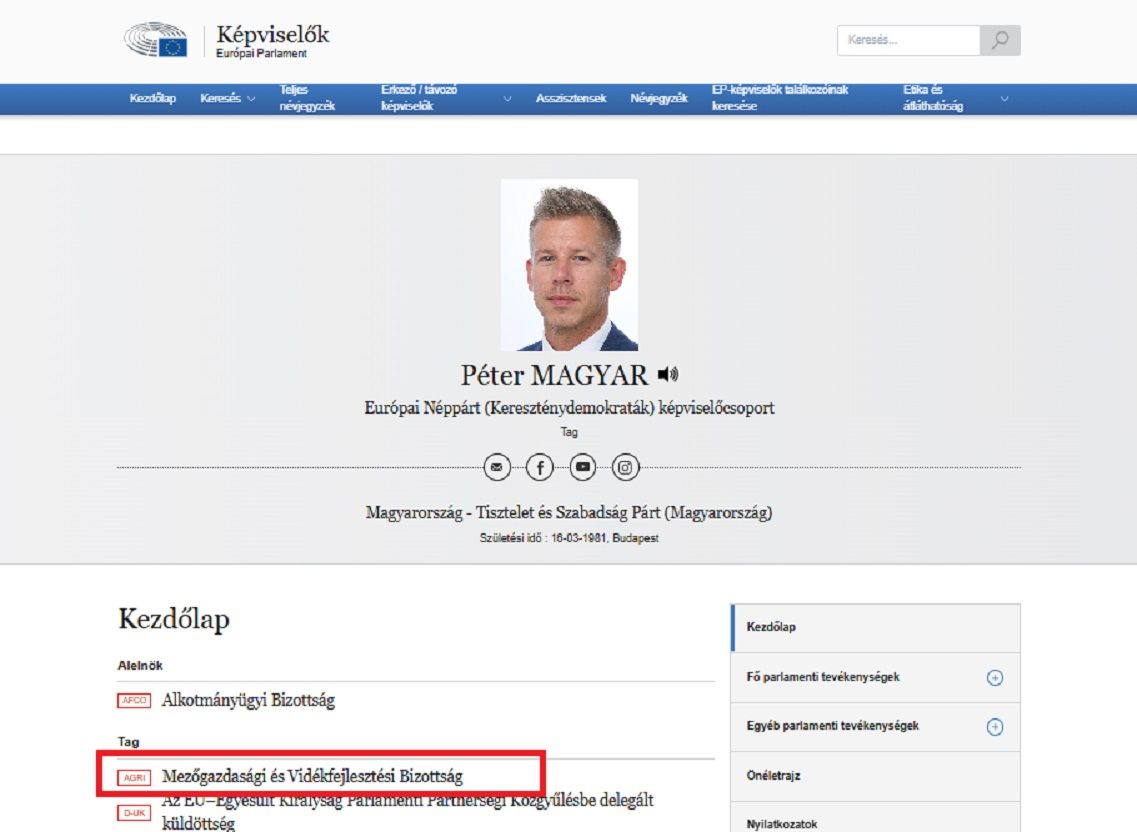 Magyar Péter, az Európai Parlament Mezőgazdasági Bizottságának tagja