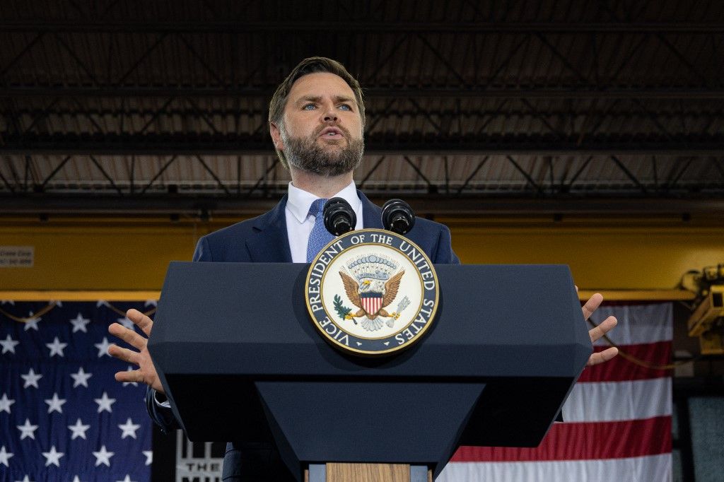 U.S. Vice President JD Vance speaks during a ''Promises Made, Promises Kept'' campaign event at a steel fabrication facility on August 28, 2025, in La Crosse, Wisconsin. (Photo by Brett Johnsen/NurPhoto) (Photo by Brett Johnsen / NurPhoto via AFP)