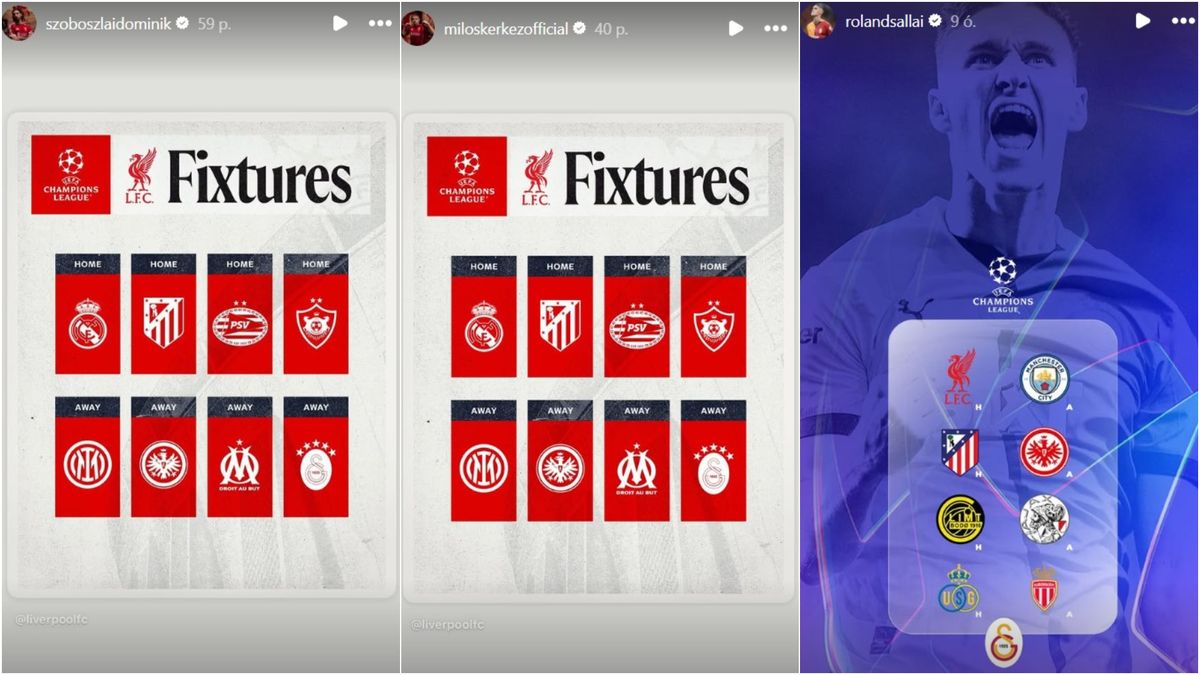 Szoboszlai Dominik, Kerkez Milos és Sallai Roland Instagram-sztorija a Liverpool–Galatasaray párharcot is összehozó BL-sorsolás után