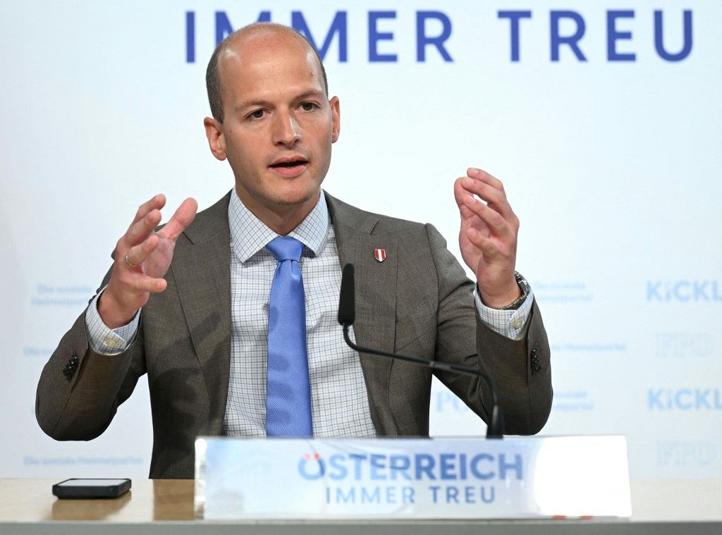 The FPÖ press conference "Starting signal for the coronavirus review" in Vienna, Austria, on Tuesday, May 6, 2025.   FPÖ constitutional spokesman Michael Schilchegger - 20250506_PD3452 (Photo by Helmut Fohringer / APA-PictureDesk via AFP)