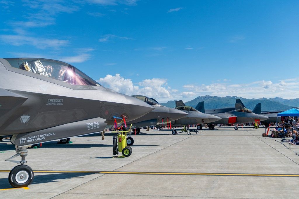 ANCHORAGE, ALASKA, UNITED STATES - JULY 22: Arctic Thunder Air Show is performed at Joint Base Elmendorf-Richardson (JBER) military facility as it welcomes more than 300,000 visitors, organized as a public event and featured 7 different international partners in various capacities in Anchorage, Alaska, United States on July 22, 2024. It began with maneuvers by the US Air Force's prestigious Thunderbirds that plans to perform around 70 shows this year. Other notable performances included the USAF Air Combat Command F-22 Raptor, USAF Pacific Air Forces F-16 Viper and C-17 Globemaster III. The German Air Force's PA-200 Tornado and the U.S. Army Golden Knights parachute team also took the stage. Hasan Akbas / Anadolu (Photo by Hasan Akbas / Anadolu via AFP)