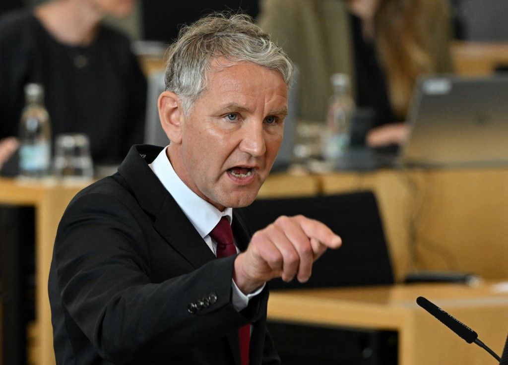 15 May 2025, Thuringia, Erfurt: Björn Höcke, AfD parliamentary group leader, speaks at the government statement on the Thuringia Monitor in the Thuringian state parliament. The study, which the Minister-President addressed in his government statement, shows that almost nine out of ten Thuringians believe that democracy is "the best of all governmental ideas," but more than half of the people in the Free State are dissatisfied with its implementation. The Thuringia Monitor is conducted annually on behalf of the State Chancellery by researchers at the Friedrich Schiller University in Jena. Photo: Martin Schutt/dpa (Photo by MARTIN SCHUTT / dpa Picture-Alliance via AFP)