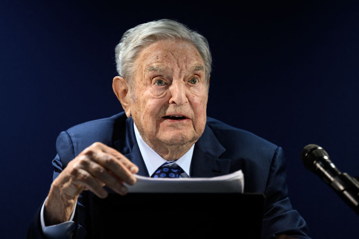 Hungarian-born US investor and philanthropist George Soros addresses the assembly on the sidelines of the World Economic Forum (WEF) annual meeting in Davos on May 24, 2022. (Photo by Fabrice COFFRINI / AFP)