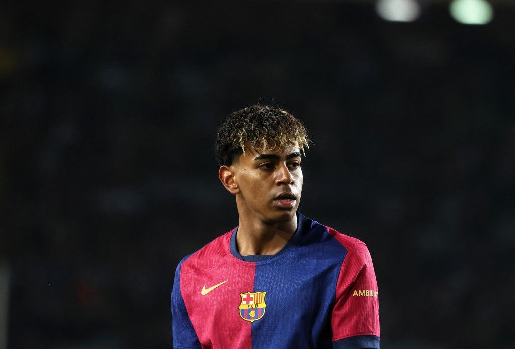 Lamine Yamal plays during the match between FC Barcelona and Real Betis Balompie, corresponding to week 30 of LaLiga EA Sports, at the Lluis Companys Stadium in Barcelona, Spain, on April 5, 2025. (Photo by Joan Valls/Urbanandsport/NurPhoto) (Photo by Urbanandsport / NurPhoto via AFP)