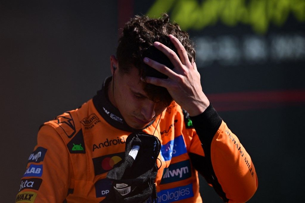 Lando Norris of the McLaren F1 Team celebrates after qualifying for the Dutch GP, the 15th round of the Formula 1 World Championship, at Circuit Zandvoort in Zandvoort, North Holland, Netherlands, on August 30, 2025. (Photo by Andrea Diodato/NurPhoto) (Photo by Andrea Diodato / NurPhoto via AFP)