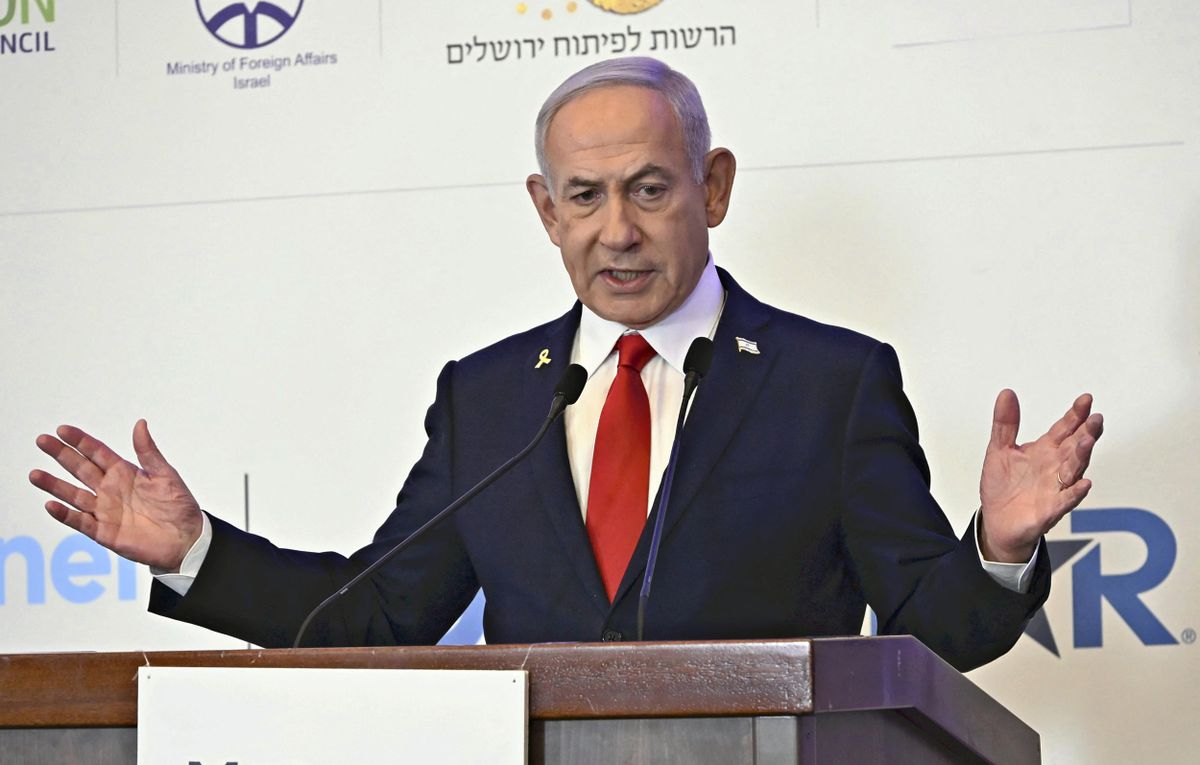 Israeli Prime Minister Benjamin Netanyahu delivers a speech during a meeting in Jerusalem on July 27, 2025. ( The Yomiuri Shimbun ) (Photo by YOMIURI SHIMBUN / The Yomiuri Shimbun via AFP)