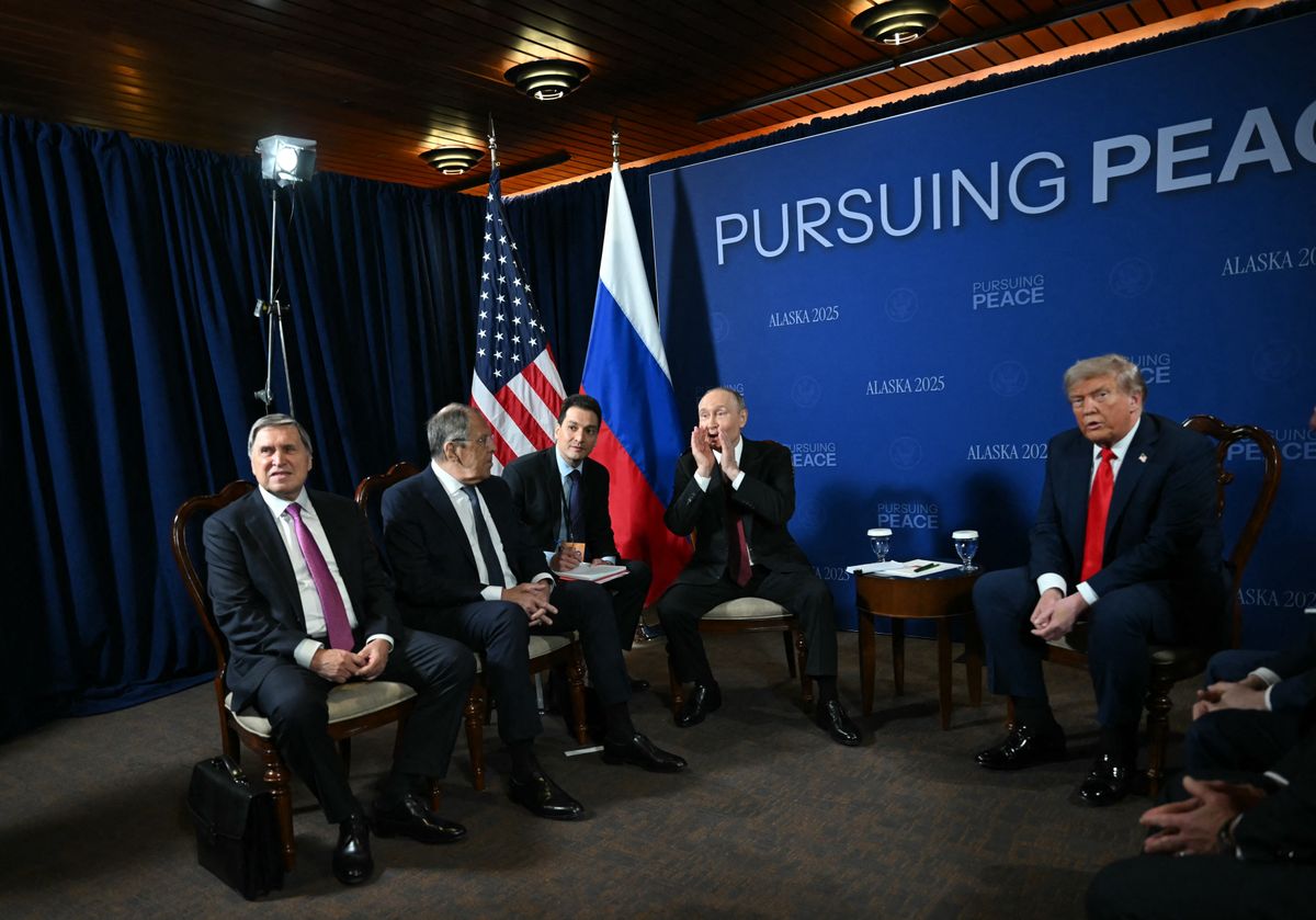 US President Donald Trump and Russian President Vladimir Putin meet during a US-Russia summit on Ukraine at Joint Base Elmendorf-Richardson in Anchorage, Alaska, on August 15, 2025. (Photo by ANDREW CABALLERO-REYNOLDS / AFP)