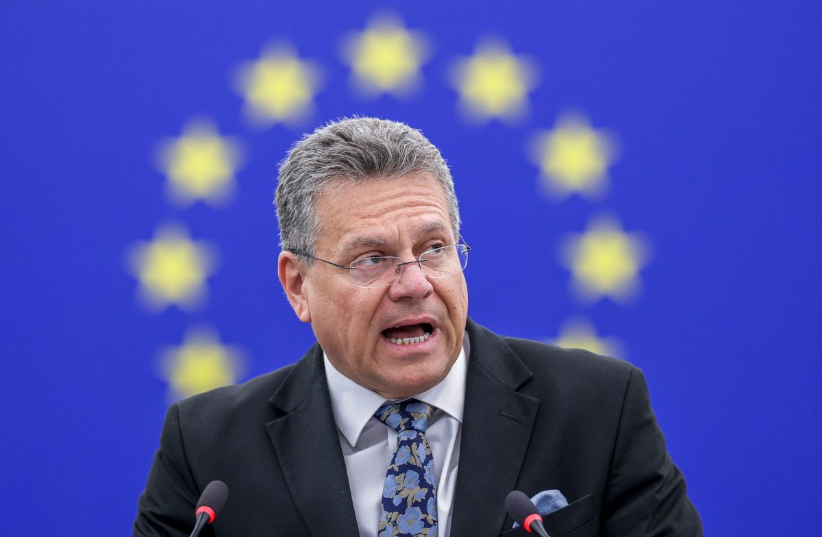 Strasbourg, 2025. május 6.
Maros Sefcovic, az Európai Bizottság kereskedelemért, gazdasági biztonságért, intézményközi kapcsolatokért és átláthatóságért felelős szlovák tagja felszólal az amerikai vámintézkedésekre adandó egységes uniós válaszról és az EU kereskedelempolitikájáról tartott vitában az Európai Parlament (EP) plenáris ülésén Strasbourgban 2025. május 6-án. Az uniós törvényhozás május 5. és 8. között ülésezik franciaországi székhelyén.
MTI/EPA/Ronald Wittek