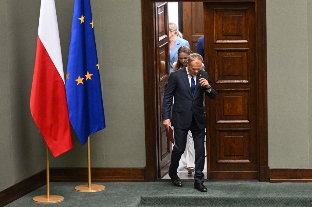 WARSAW, POLAND - JUNE 11: Poland's Prime Minister arrives to deliver a speech resuming the government achivements hours before a vote of confidence at the SEJM in Warsaw, Poland on June 11, 2025. The vote comes after Rafal Trzaskowski from Tusk's Civic Coalition was defeated by nationalist Karol Nawrocki in the Presidential elections. Omar Marques / Anadolu (Photo by Omar Marques / Anadolu via AFP)