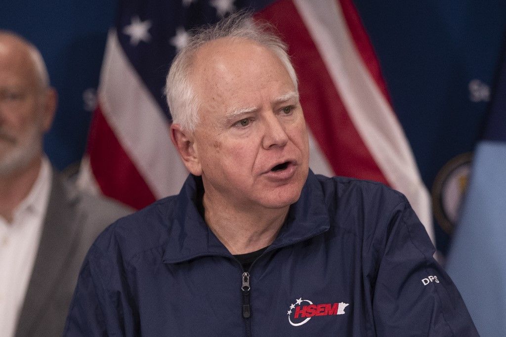 MINNESOTA, UNITED STATES - MAY 15: Minnesota Gov. Tim Walz speaks at a press conference held at the Minnesota Emergency Management Center following the arrest of Vance Boelter, the suspect in the assassination of Rep. Melissa Hortman and her husband and the attempted assassination of Sen. John Hoffman and his wife in Minnesota, United States on May 15, 2025. Christopher Mark Juhn / Anadolu (Photo by Christopher Mark Juhn / Anadolu via AFP)