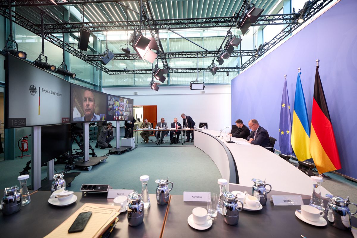 Federal Chancellor Friedrich Merz meets with President Volodymyr Zelensky on August 13, 2025, in Berlin. Ukrainian President Volodymyr Zelensky has arrived in Berlin. He and Friedrich Merz will participate in a video conference with US President Donald Trump at the Chancellery. Visit of the President of Ukraine to Germany. Photo: The Presidential Office of Ukraine via (Photo by Presidential Office of Ukraine / ThePresidentialOfficeUkraine / dpa Picture-Alliance via AFP)