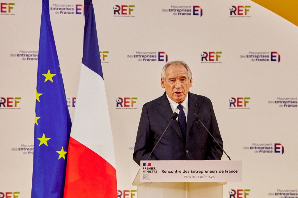 France's Prime Minister Francois Bayrou attends the La REF meeting of French entrepreneurs organized by MEDEF at Roland Garros Stadium on August 28, 2025, in Paris, France. (Photo by Adnan Farzat/NurPhoto) (Photo by Adnan Farzat / NurPhoto via AFP)