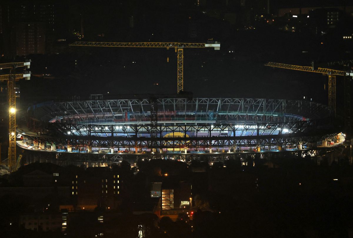 Lighting tests take place at the Spotify Camp Nou in Barcelona, Spain, on August 12, 2025. (Photo by Joan Valls/Urbanandsport/NurPhoto) -- (Photo by Urbanandsport/NurPhoto) (Photo by Urbanandsport / NurPhoto via AFP)