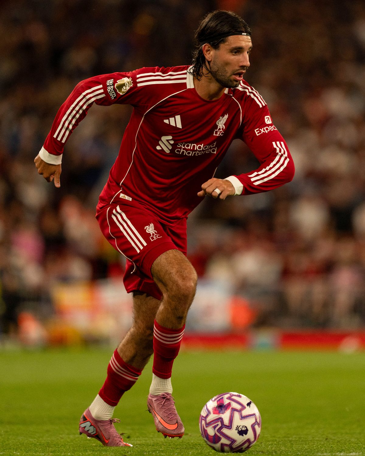 Dominik Szoboszlai of Liverpool is in action during the Premier League match between Liverpool and Bournemouth at Anfield in Liverpool, England, on August 15, 2025. (Photo by Steven Halliwell/MI News/NurPhoto) (Photo by MI News / NurPhoto via AFP)