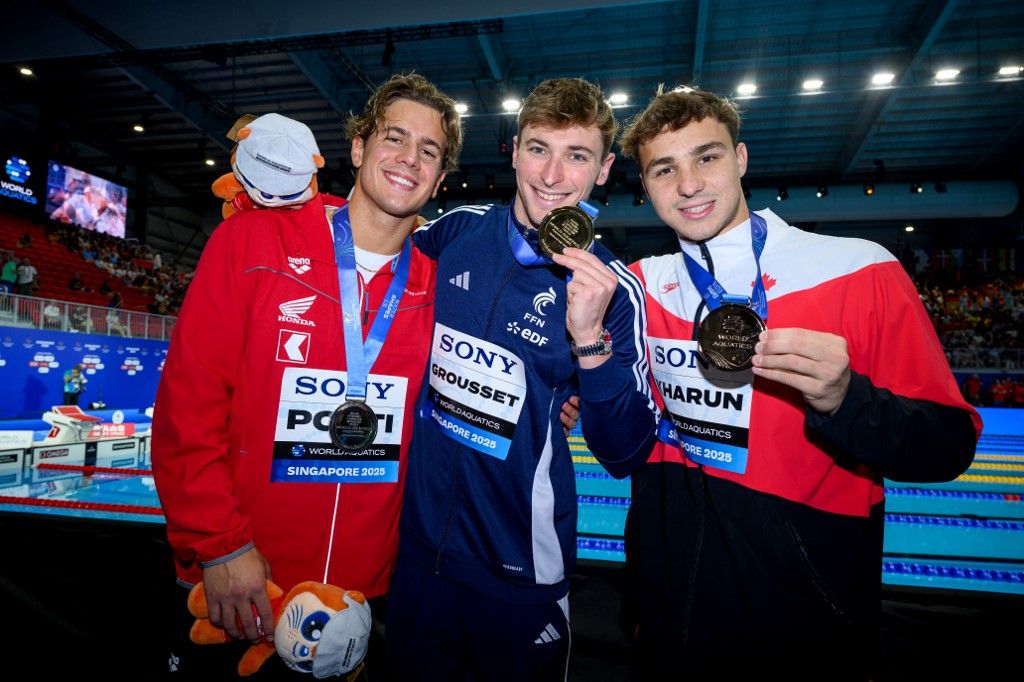 Noe Ponti, Maxime Grousset és Ilya Kharun, a 100 pillangó vb-dobogósai az olimpiai aranyérmes Milák Kristóf távollétében Szingapúrban