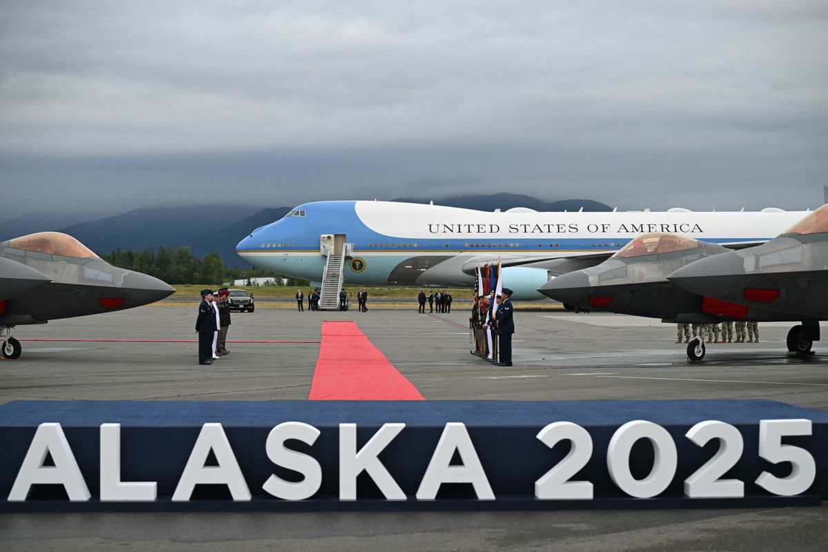 Air Force One is seen on the tarmac after US President Donald Trump landed at Joint Base Elmendorf-Richardson in Anchorage, Alaska, on August 15, 2025. US President Donald Trump touched down at the military base in Alaska for a much-anticipated summit with Russian counterpart Vladimir Putin to press for an end to Moscow's bloody war in Ukraine. (Photo by ANDREW CABALLERO-REYNOLDS / AFP)