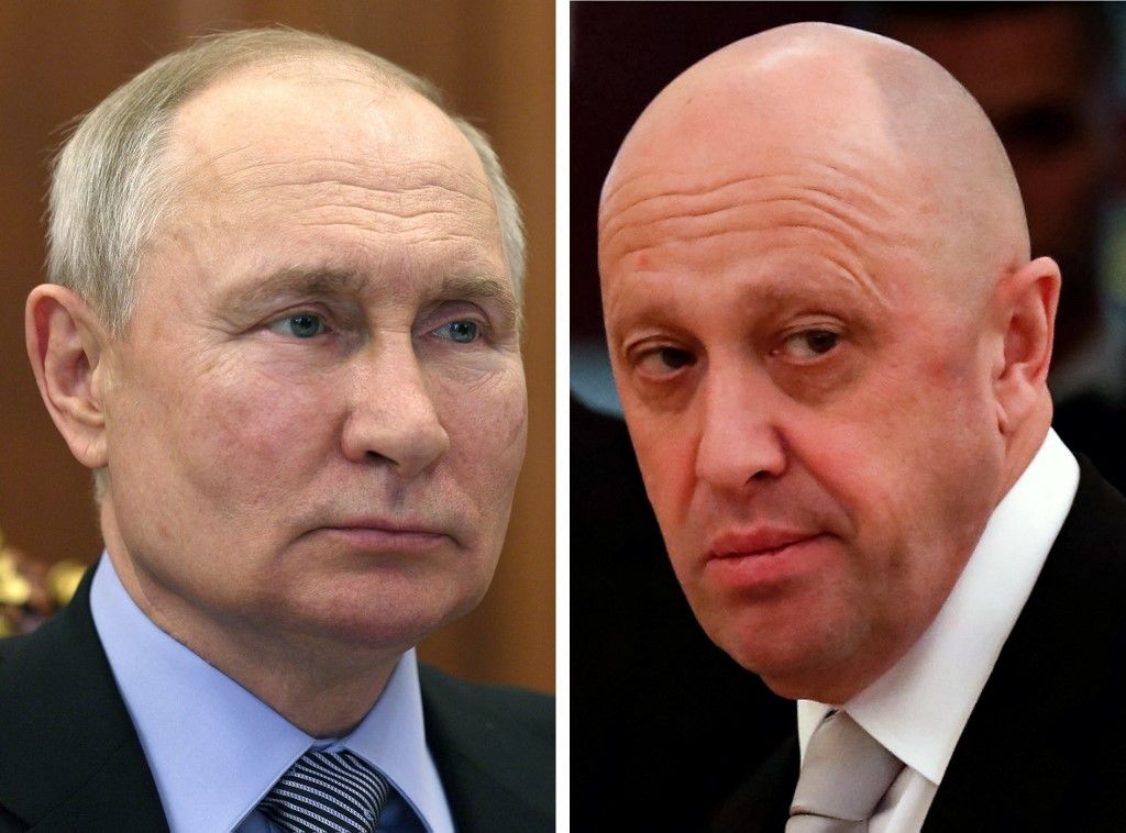 (COMBO) This combination of photos shows Russian President Vladimir Putin (L) attending a meeting with a member of the Russian Academy of Sciences, specialist in applied and fundamental endocrinology Ivan Dedov, at the Kremlin in Moscow on June 23, 2023, ** Editor's note : this image is distributed by Russian state owned agency Sputnik **, and Yevgeny Prigozhin (R) prior to a meeting with business leaders held by Russian and Chinese presidents at the Kremlin in Moscow on July 4, 2017. Yevgeny Prigozhin, the head of the Wagner mercenary group, vowed on June 24, 2023 to "go to the end" to topple the Russian military leadership, whom he accused of launching strikes on his men, while the country's prosecutor general said he was under investigation for "armed rebellion". "We will destroy everything that stands in our way," he added in the most audacious challenge to President Vladimir Putin since the start of the offensive in Ukraine last year. (Photo by GAVRIIL GRIGOROV and Sergei ILNITSKY / SPUTNIK / AFP)