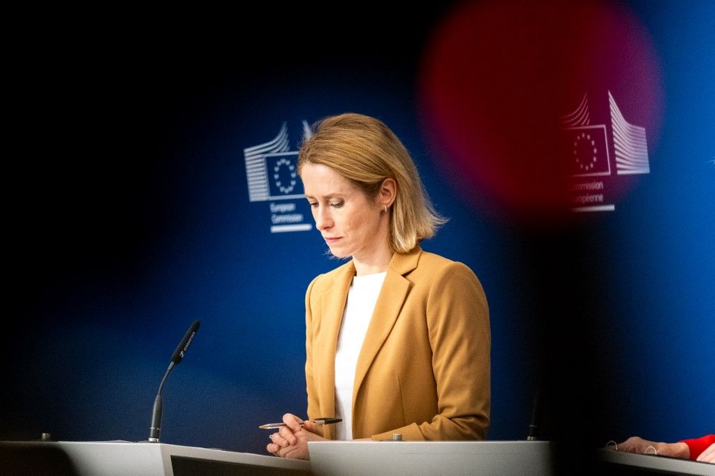 Press point of President of the European Commission URSULA VON DER LEYEN and Vice-President of the European Commission and High Representative of the Union for Foreign Affairs and Security Policy Kaja KALLAS on the 18th package of sanctions against Russia in the Berlaymont the headquarters of the European Commission an institution of the European Union in Brussels in Belgium on 10th of June 2025. They began by expressing their dismay at an attack in Gaza which caused the death of children and then announced new sanctions against Russia in response to the war in Ukraine targeting the energy and banking sectors which include bans on transactions for the Nord Stream gas pipeline and a reduction in the ceiling on the price of oil and restrictions on exports of critical technologies in order to force Russia to accept a ceasefire and to enter into peace negotiations. (Photo by Martin Bertrand / Hans Lucas via AFP)