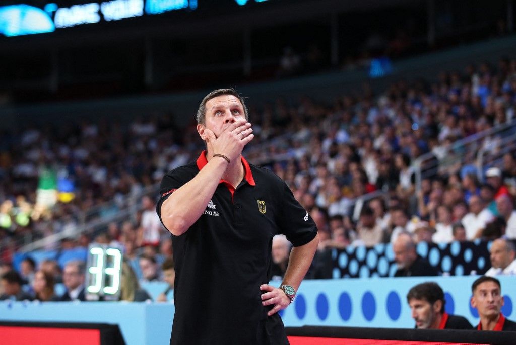 10 September 2025, Latvia, Riga: Basketball: European Championship, Germany - Slovenia, knockout round, quarter-finals, Alan Ibrahimagic (Germany's assistant coach) reacts on the sidelines. Photo: Matthias Stickel/dpa (Photo by Matthias Stickel / dpa Picture-Alliance via AFP)