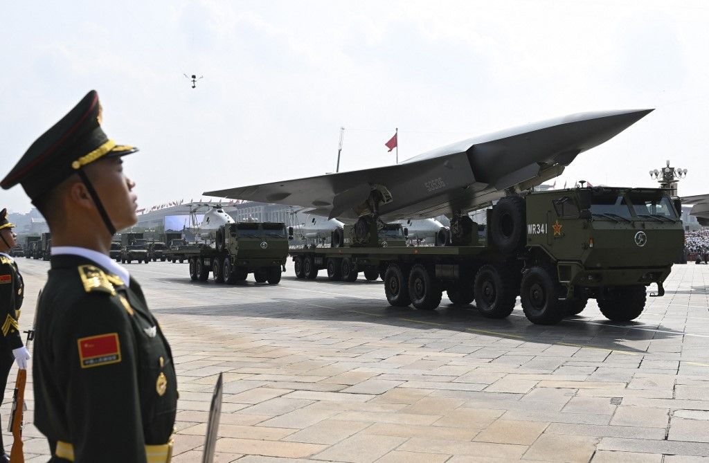 (250903) -- BEIJING, Sept. 3, 2025 (Xinhua) -- The airborne unmanned warfare formation attends a military parade in Beijing, capital of China, Sept. 3, 2025. China on Wednesday held a grand gathering to commemorate the 80th anniversary of the victory in the Chinese People's War of Resistance against Japanese Aggression and the World Anti-Fascist War. (Xinhua/Xiao Yijiu) (Photo by Xiao Yijiu / Xinhua via AFP)