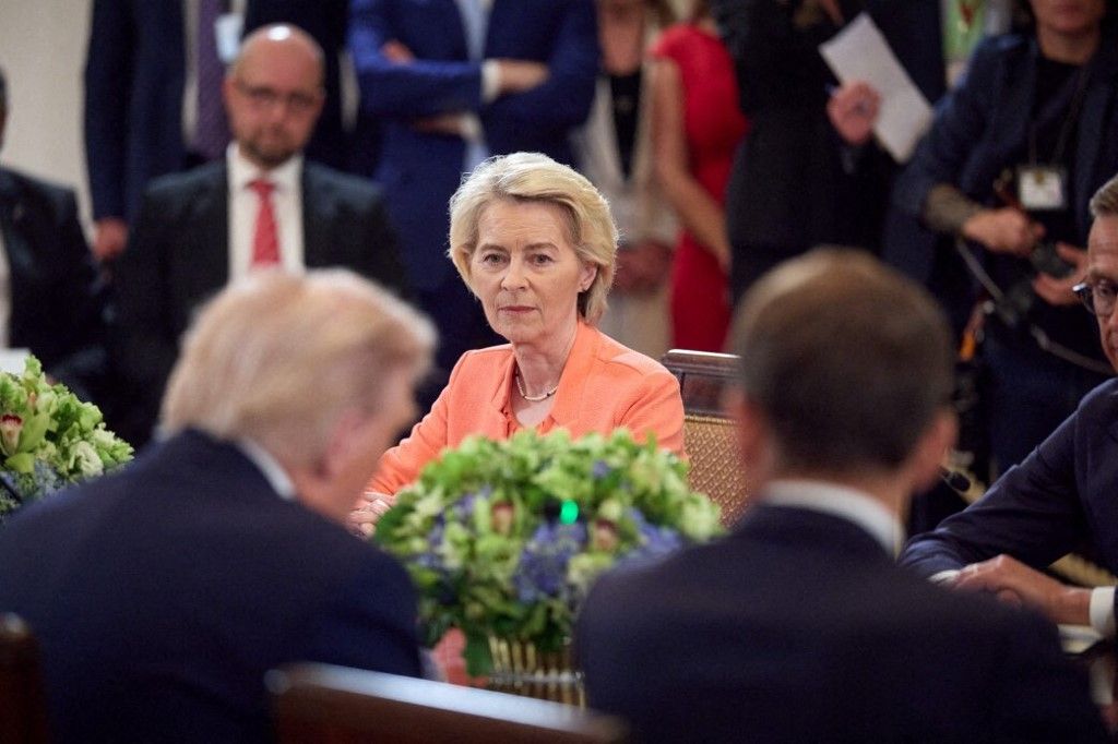 WASHINGTON D.C., UNITED STATES - AUGUST 18:  (----EDITORIAL USE ONLY - MANDATORY CREDIT - 'UKRAINIAN PRESIDENCY / HANDOUT' - NO MARKETING NO ADVERTISING CAMPAIGNS - DISTRIBUTED AS A SERVICE TO CLIENTS----) European Commission President Ursula von der Leyen attends the multilateral meeting with European leaders in the East Room of the White House in Washington D.C., United States on August 18, 2025. European leaders meeting in Washington on Monday underlined that robust security guarantees for Ukraine will be essential to achieve a just and lasting peace, while also renewing calls for an urgent ceasefire. Ukrainian Presidency / Handout / Anadolu (Photo by Ukrainian Presidency / Handout / Anadolu via AFP)