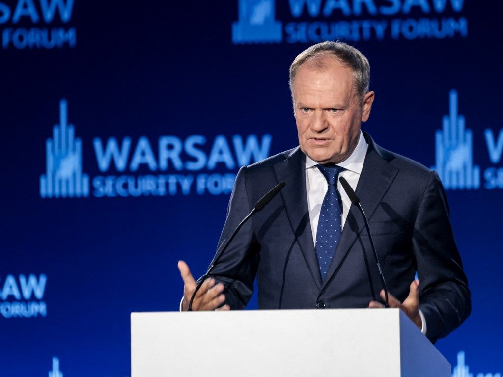 Prime Minister of Poland Donald Tusk gives key remarks during an Opening Ceremony during the Warsaw Security Forum 2025 in Warsaw, Poland on September 29, 2025. WSF2025, entitled For Our Freedom and Yours gathers 2500 participants and 250 speakers and it focuses on securing peace in the EU in the face of Russian provocations. (Photo by Dominika Zarzycka/NurPhoto) (Photo by Dominika Zarzycka / NurPhoto via AFP)