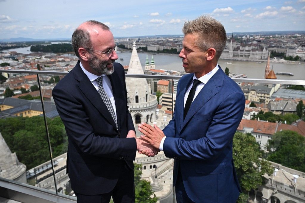 President of the centre-right European People's Party (EPP) Manfred Weber  (L) shakes hands with leader of Hungarian Tisza party and former government member turned opposition leader Peter Magyar during a meeting on top of a Budapest's hotel in Hungary on June 14, 2024. Weber arrived to Budapest about the accession of the seven elected members of the European Parliament of the Tisza party. (Photo by Attila KISBENEDEK / AFP)