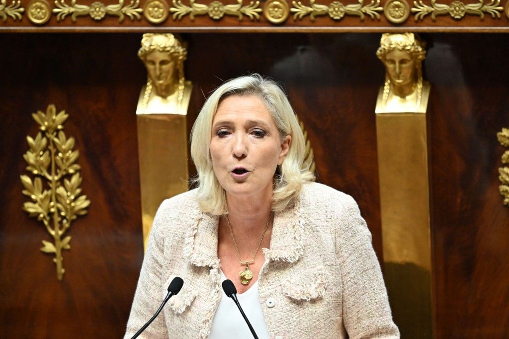 PARIS, FRANCE - SEPTEMBER 8: President of Rassemblement National parliamentary group Marine Le Pen speaks during the parliamentary extraordinary session ahead of a confidence vote on the government's austerity budget, at the National Assembly in Paris, France on September 8, 2025. Mustafa Yalcin / Anadolu (Photo by MUSTAFA YALCIN / Anadolu via AFP)