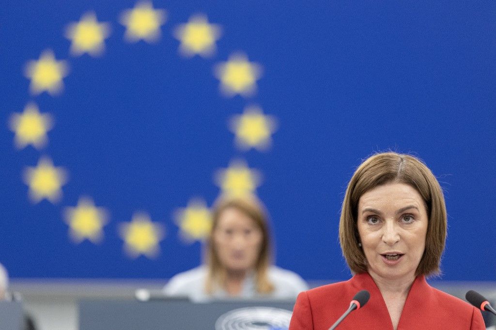 Moldova's President Maia Sandu delivers a speech at the EU Parliament, in Strasbourg, north eastern France, on September 9, 2025. (Photo by ROMEO BOETZLE / AFP)