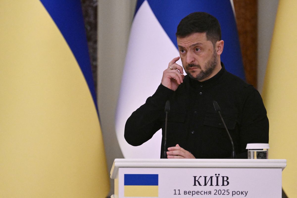 Ukrainian President Volodymyr Zelensky  speaks during  a press conference with President of Finland following talks at Mariyinsky Palace in Kyiv on September 11, 2025, amid the Russian invasion in Ukraine. (Photo by Genya SAVILOV / AFP)