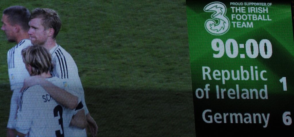 The stadium display with the result of 6-1 is seen after the FIFA World Cup 2014 qualifier match Republic of Ireland vs Germany  on October12, 2012 in Dublin, Ireland . Germany won 6-1.  AFP PHOTO / PATRIK STOLLARZ (Photo by PATRIK STOLLARZ / AFP)