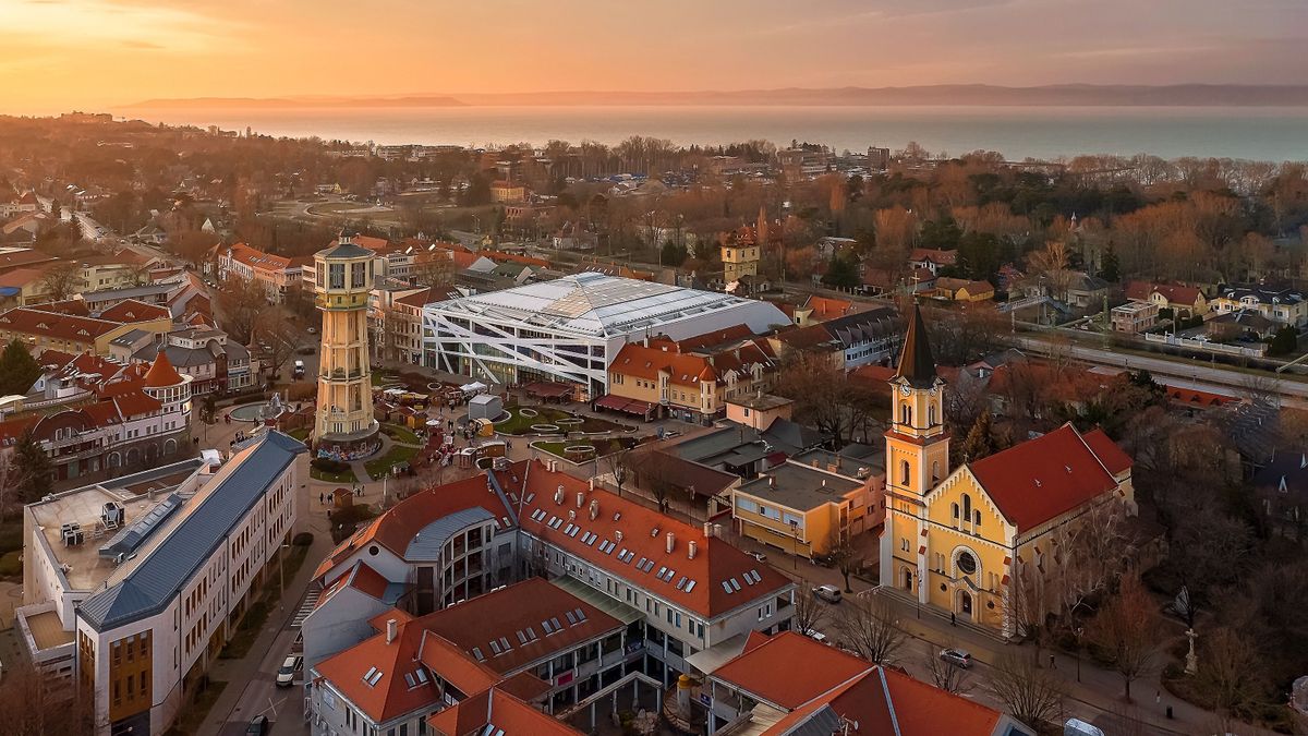 Europe Hungary Siófok Lake Balaton. Cityscape. sunset. water tower. panorama. city library. Church of the Blessed Virgin Mary in Siofok. sio plaza. magyar utazók