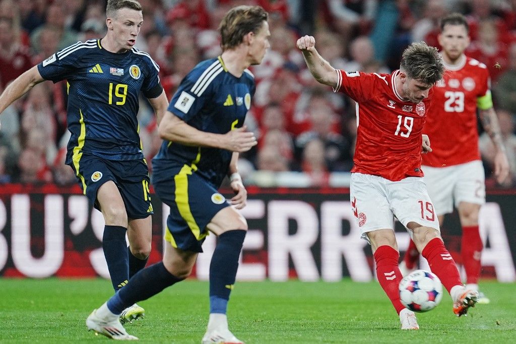 Anders Dreyer, Denmark (19) shoots in the FIFA World Cup 2026 qualifying match between Denmark and Scotland at Parken in Copenhagen on Friday, September 5, 2025. (Photo: Liselotte Sabroe/Ritzau Scanpix) (Photo by LISELOTTE SABROE / Ritzau Scanpix via AFP)